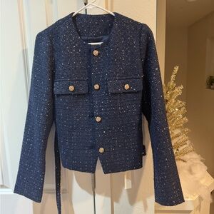 Navy Blue Tweed Women’s Jacket with Gold Accents